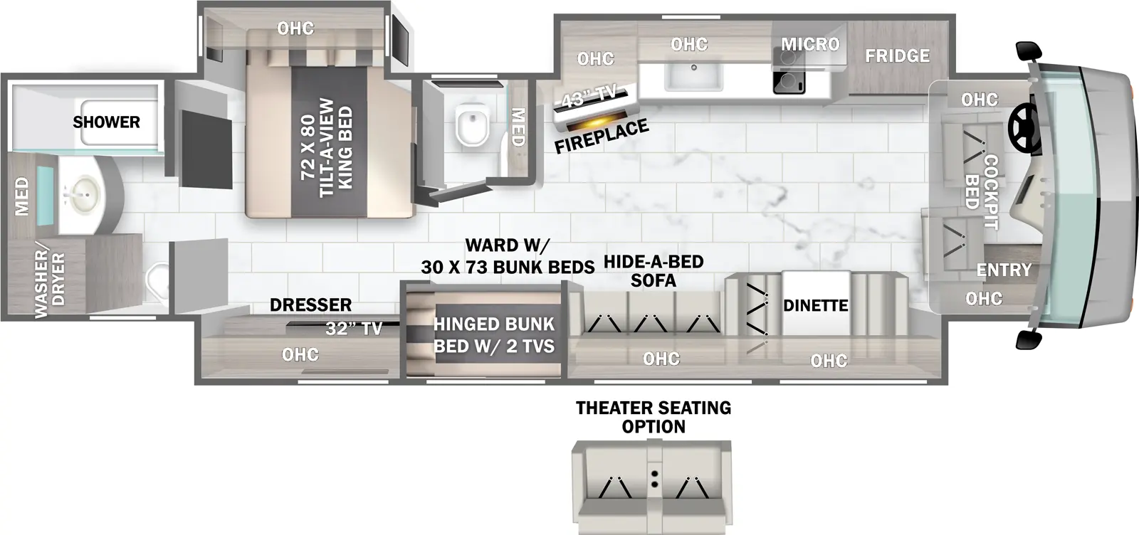 The 40C has three slide outs and one entry. Interior layout front to back: cockpit with entry, overhead cabinets, and cockpit bed; off-door side slideout with refrigerator, microwave over cooktop, kitchen counter with sink, overhead cabinets, and angled TV and fireplace; door side slideout with dinette, overhead cabinets, hide-a-bed-sofa (optional theater seating), wardrobe with hinged bunks with two TVs, and a bedroom dresser with overhead cabinets and TV; off-door side half bathroom with medicine cabinet; off-door side slideout with tilt-a-view king bed with overhead cabinet; rear full bathroom with medicine cabinet and washer/dryer.